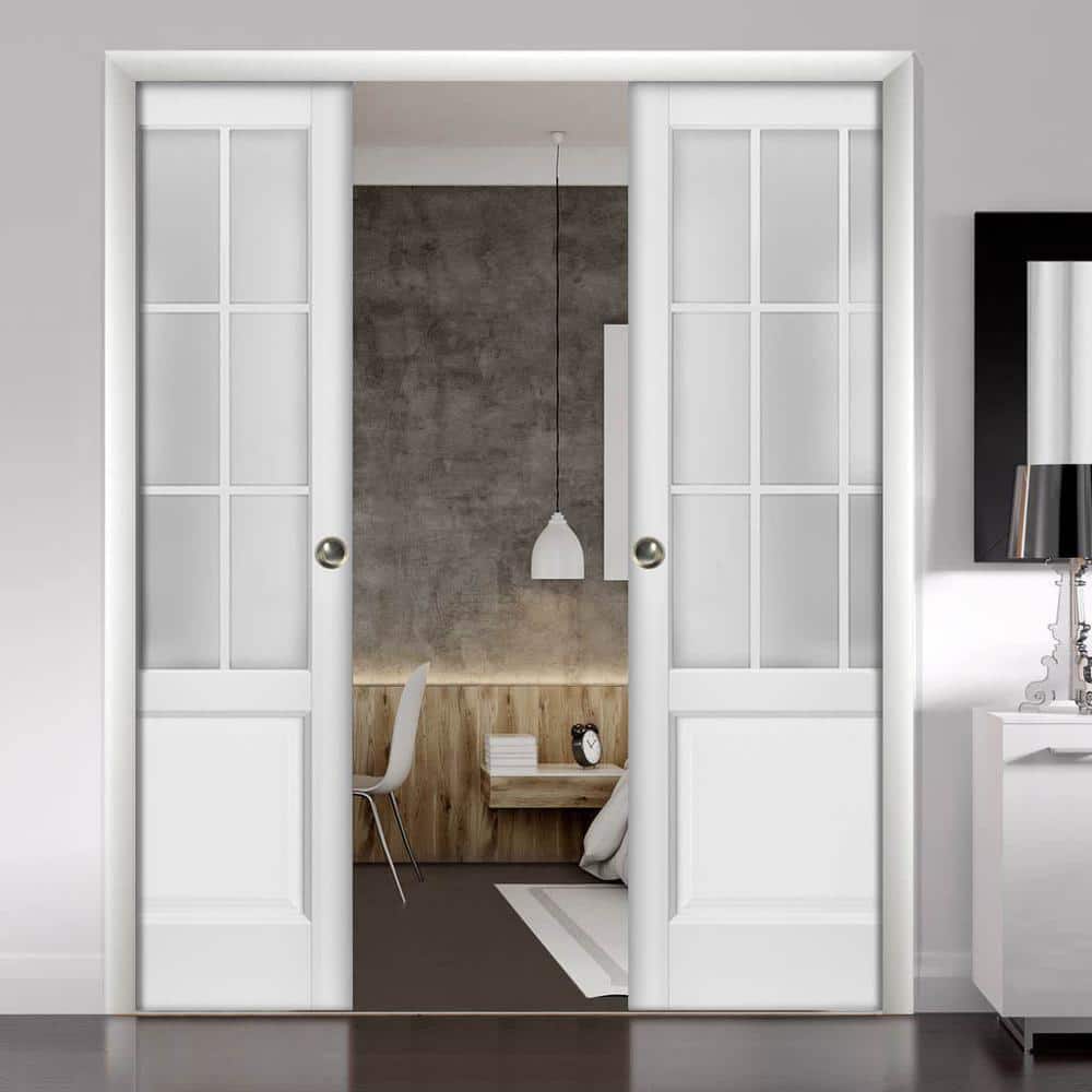 Matte White 64" x 80" French Double Pocket Doors with Frosted Glass