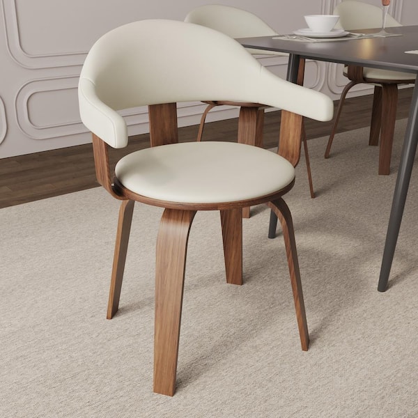 Leisuremod Dining Chair with Leather Round Seat and Solid Wood Legs Accent Arm Chair Open Curved Back Design in White