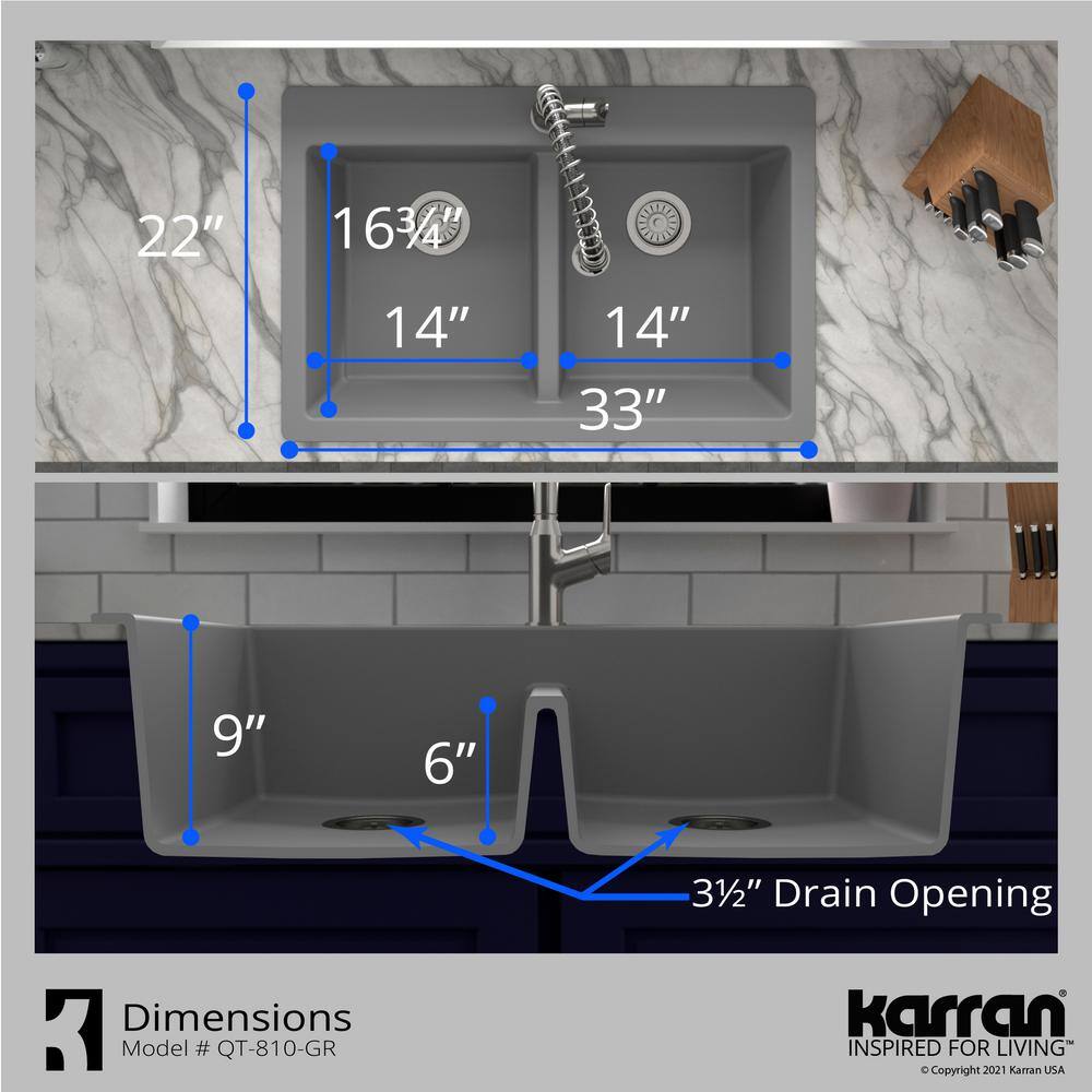 Gray Quartz 33'' Double Bowl Drop-In Kitchen Sink