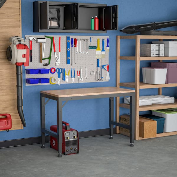 48 in. W Heavy-Duty Adjustable Workbench for Garage, Rubber Wood