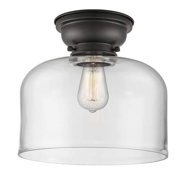 Innovations Bell 12 in. 1-Light Matte Black Flush Mount with Clear Glass Shade