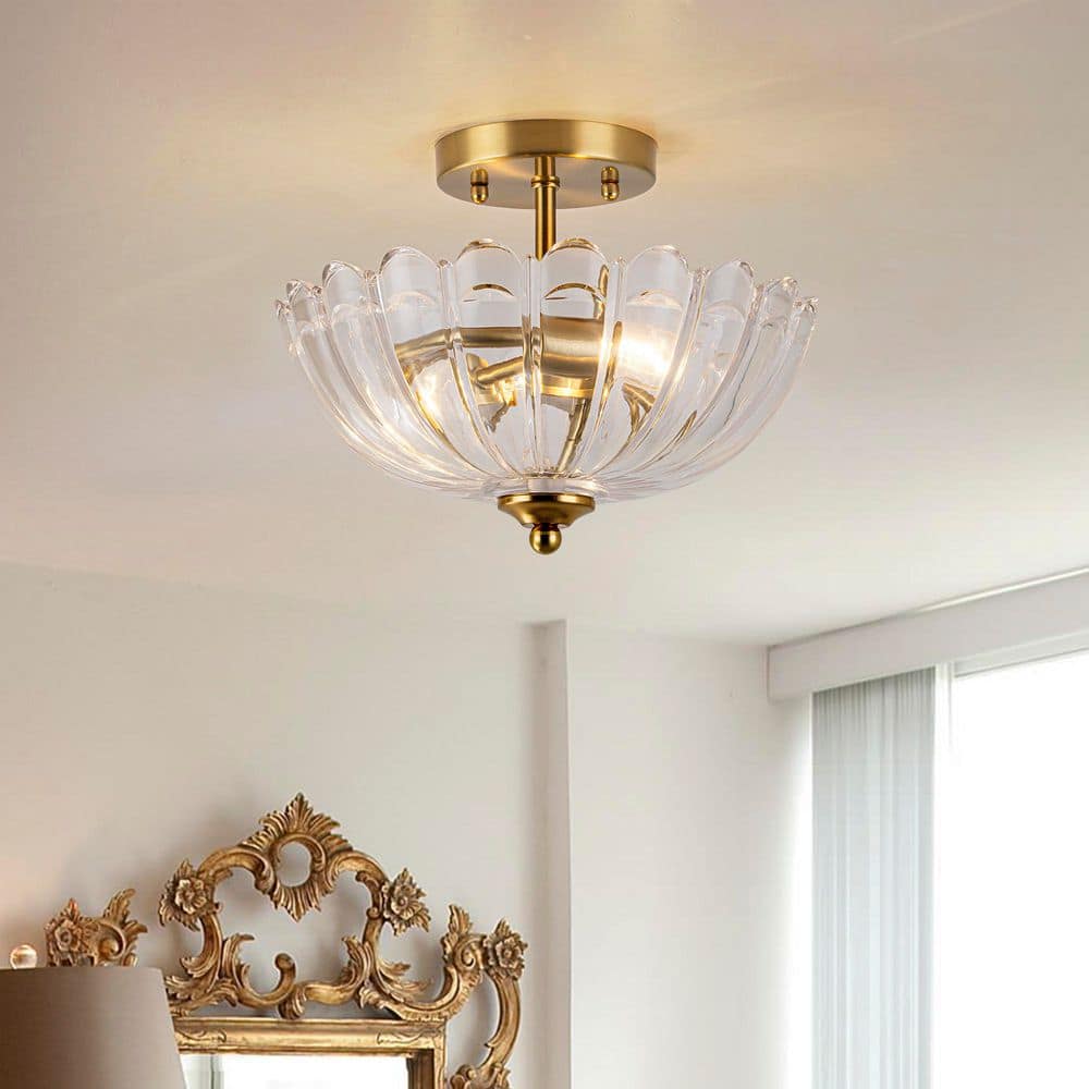 Luna 11 in. 2-Light Modern Bowl Brushed Brass Semi-Flush Mount with Clean Glass for Bedroom Foyer Dining Room price history on PriceWatchPro