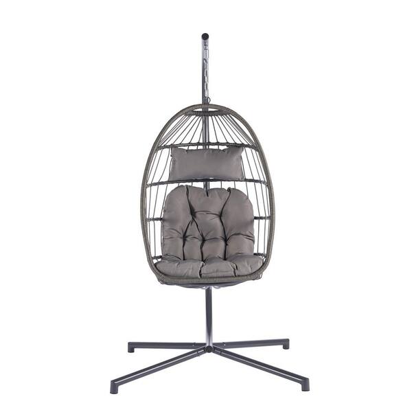 Sudzendf Outdoor Metal Garden Rattan Egg Swing Chair Hanging Chair with Light Gray Cushion
