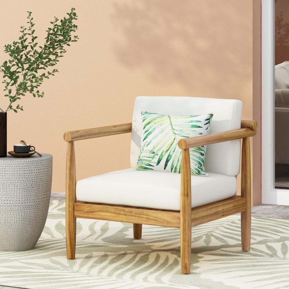 Arimo Teak Wood Outdoor Lounge Chair with Cream Cushions