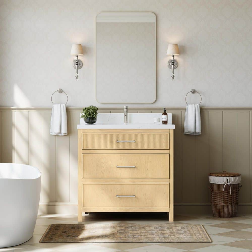 Isola 36 in. Single Freestanding Scandinavian Oak with Brushed Nickel Trim Bath Vanity with Giotto Quartz Top price history on PriceWatchPro