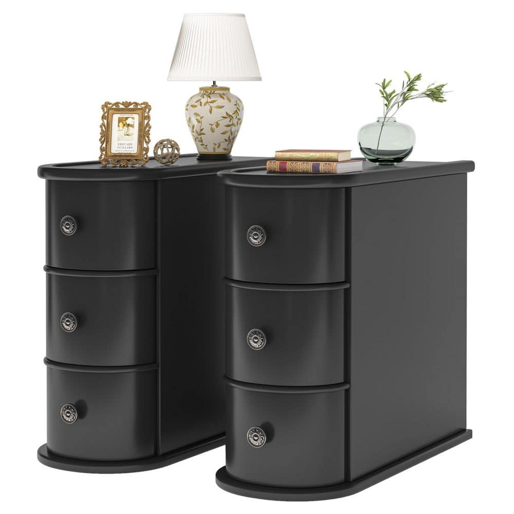 Kerlin 10.6 in. Black Rectangular Wood End Table Set of 2, No Assembly Required Solid Side Table with 3-Drawer