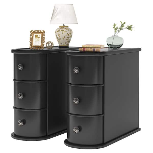 BYBLIGHT Kerlin 10.6 in. Black Rectangular Wood End Table Set of 2 No Assembly Required Solid Side Table with 3-Drawer