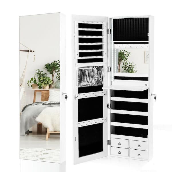 14.5 in. x 47 in. White Wall Mounted Lockable MDF Jewelry Armoire Organizer Box Cabinet with Mirror and Drawers