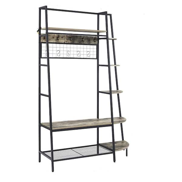 URTR Gray Coat Rack with Metal Frame and Hooks, Bedroom Hallway Clothes and Shoes Rack, Hall Tree with Storage Shelves