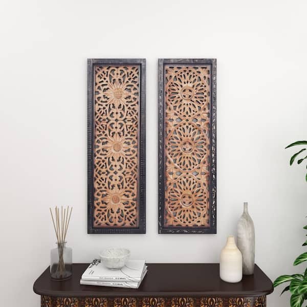 Litton Lane Wood Brown Handmade Intricately Carved Floral Wall Decor (Set of 2)