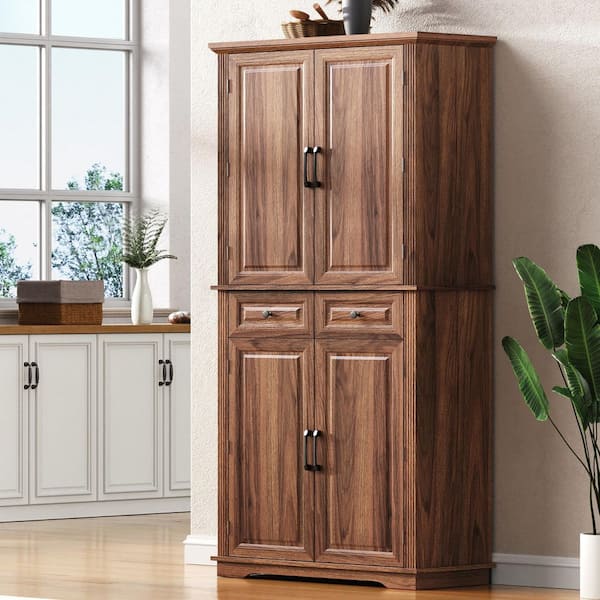 32 in. W x 16 in. D x 71 in. H Farmhouse Embossed Texture Brown Linen Cabinet with Adjustable Shelves