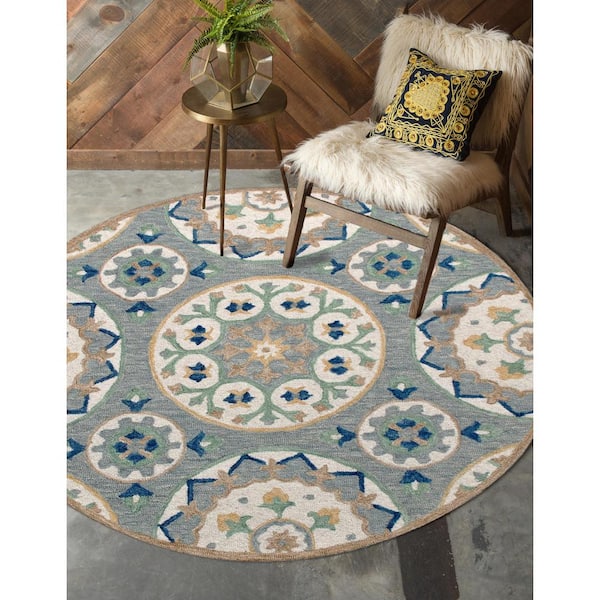 Bella Gray/Brown 4 ft. 10 in. x 4 ft. 10 in. Eclectic Hand-Tufted Floral 100% Wool Round Area Rug