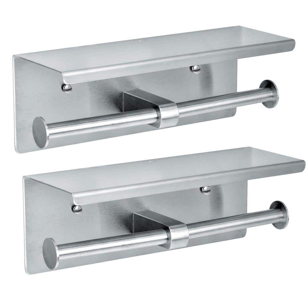 Double Post Toilet Paper Holder with Shelf Storage Rack in Brushed Stainles
