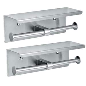 Double Post Toilet Paper Holder with Shelf Storage Rack in Brushed Stainless Steel (2-Pack)