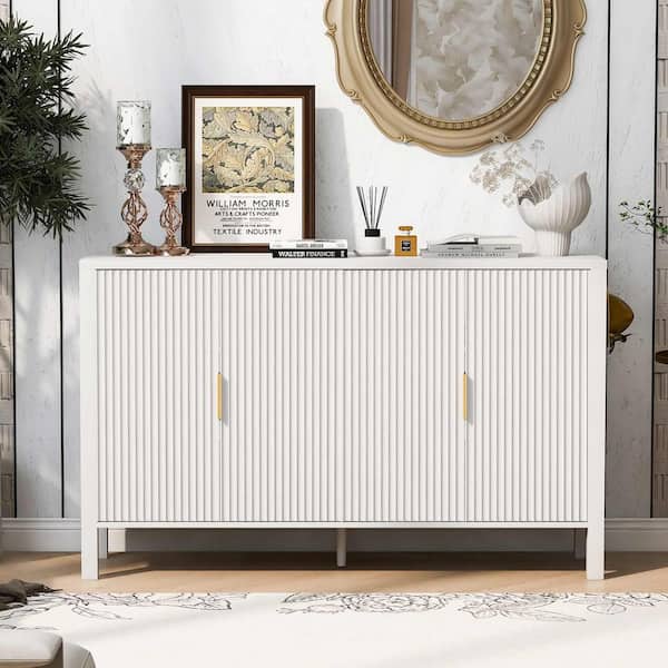 White MDF Wood Buffet with Adjustable Shelves and Side Hooks