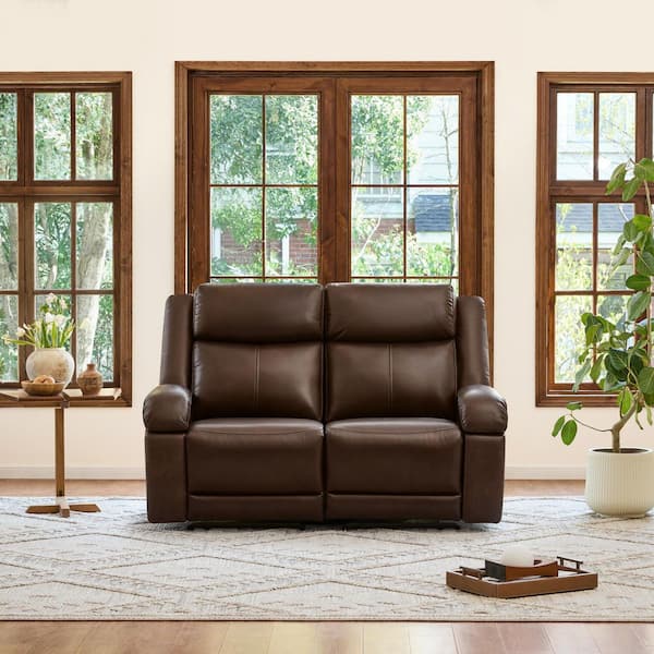 Axel 62.2 Dual Motors Wall Hugger Genuine Leather 2-Seater Loveseat Recliner in Brown with Power Headrest Charging Port