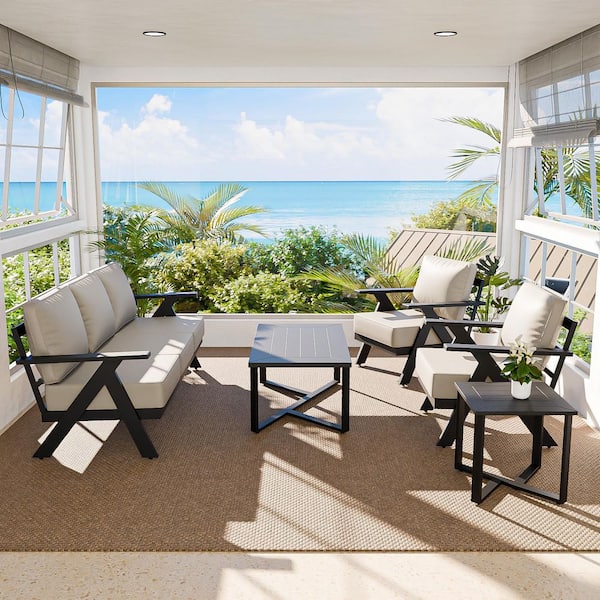 5-Piece Black Aluminum Patio Conversation Set with Beige Cushions and Coffee Table
