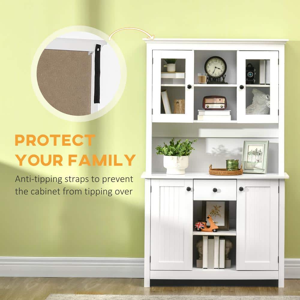 White Painted Freestanding Kitchen Buffet with Hutch and Shelves