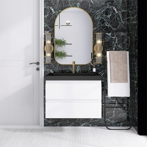 Unbranded 30 in. W x 19.5 in. D x 22.5 in. H Single Sink Bathroom Vanity in High Gloss White with Black Solid Surface Top