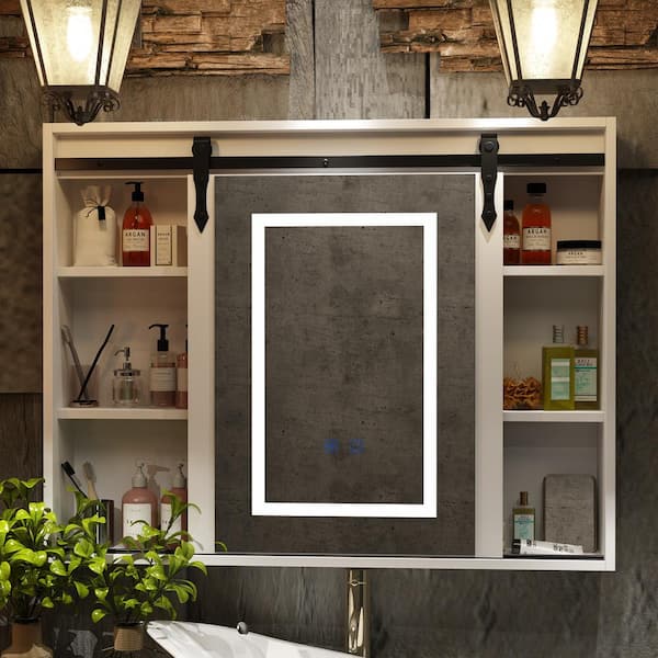 FUFU&GAGA 35.4 in. W x 27.6 in. H Rectangular Bathroom Medicine Cabinet with Mirror, Silding Door, Defog, Dimmable LED Lights