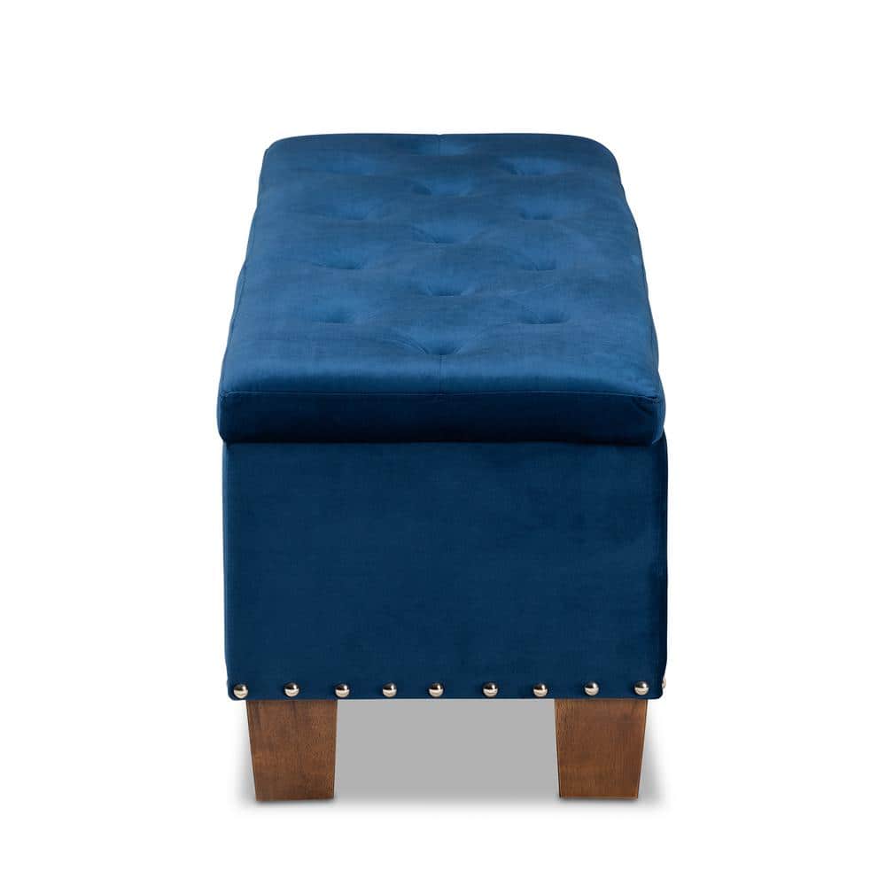 Elegant Navy Blue Velvet Tufted Storage Ottoman Bench with Silver Accents