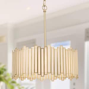 4-Light Copper Modern Drum Island Chandelier with White Stained Glass Shade Vintage Gold Accents