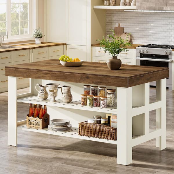 Brown and White Wood 55.12 in. Kitchen Island, Island Table with Storage Shelves and Seating Space