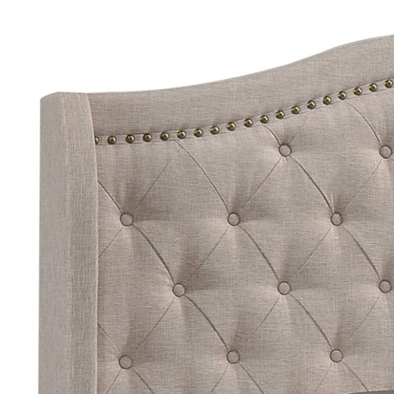 Beige Full Upholstered Bed with Tufted Headboard and Nailhead Trim