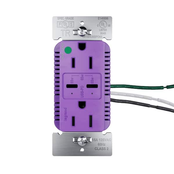 15 Amp Tamper Resistant 65-Watt Hospital Grade Power Delivery USB Type C Duplex Outlet Purple