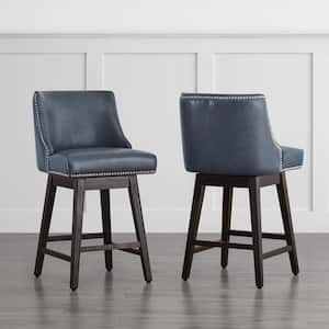 Martin 26 in. Navy Blue Solid Wood Frame Swivel Counter Height Bar Stool with Back and Faux Leather Seat (Set of 2)