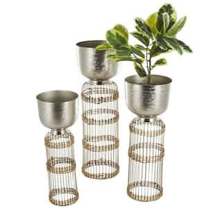 32 in., 27 in. and 24 in. Extra Large Silver Metal Textured Dome Planter with Seagrass and Caged Pedestal Base (3- Pack)