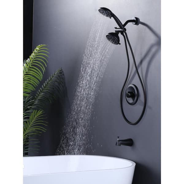 Single Handle 7-Spray Tub and Dual Shower Head Faucet 1.75 GPM with Brass Rough-in Valve and 70 in. Hose in Matte Black