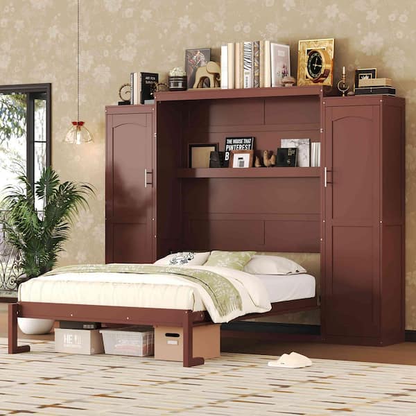 Brown/Walnut Wood Frame Full Size Murphy Bed with 2 Wardrobe and Storage Shelf