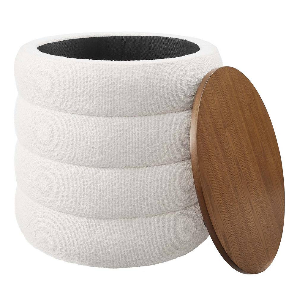 Cloud Boucle Fabric Round Storage Ottoman with Wood Grain Veneer Lid