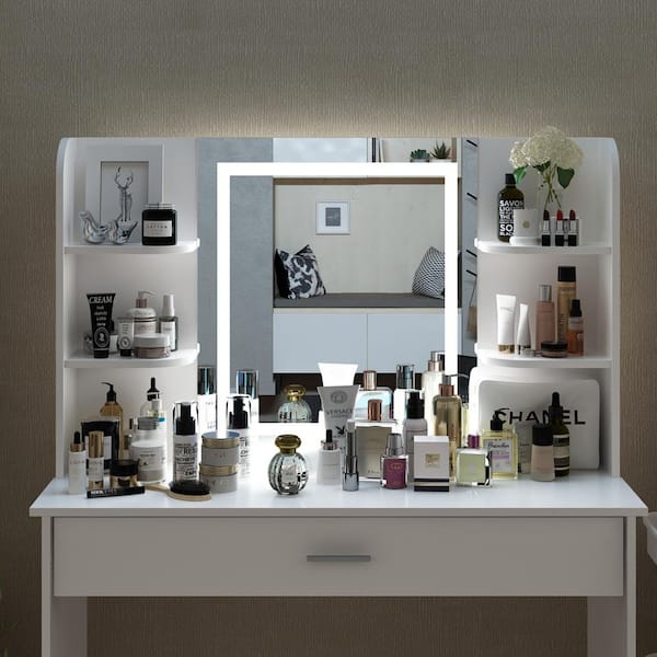 FUFU&GAGA White Wood LED Color Change Mirror Makeup Vanity Sets Dressing Table Sets with Drawer and Storage Shelves