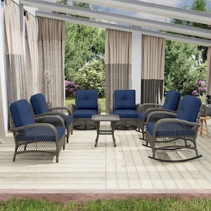 7-Piece Wicker Outdoor Patio Conversation Lounge Chair Set with Blue Cushions and Side Table