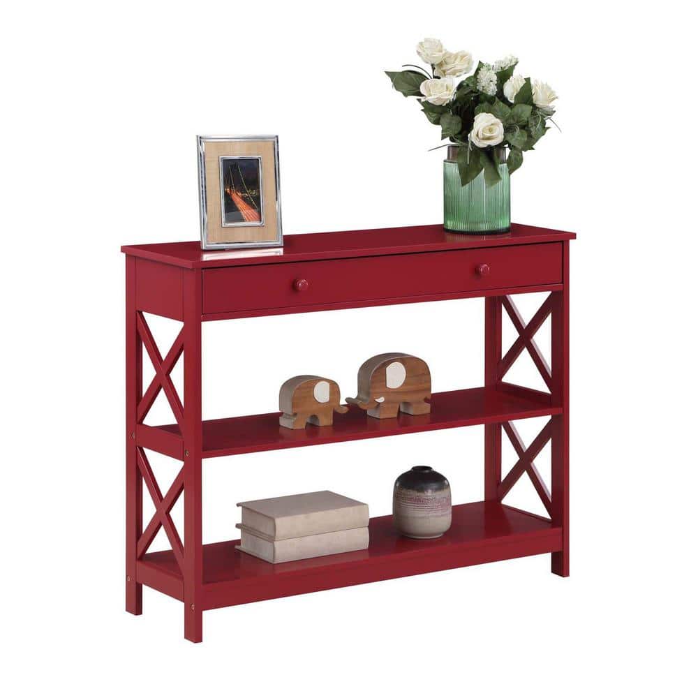 Cranberry Red Wood Console Table with Storage Shelves