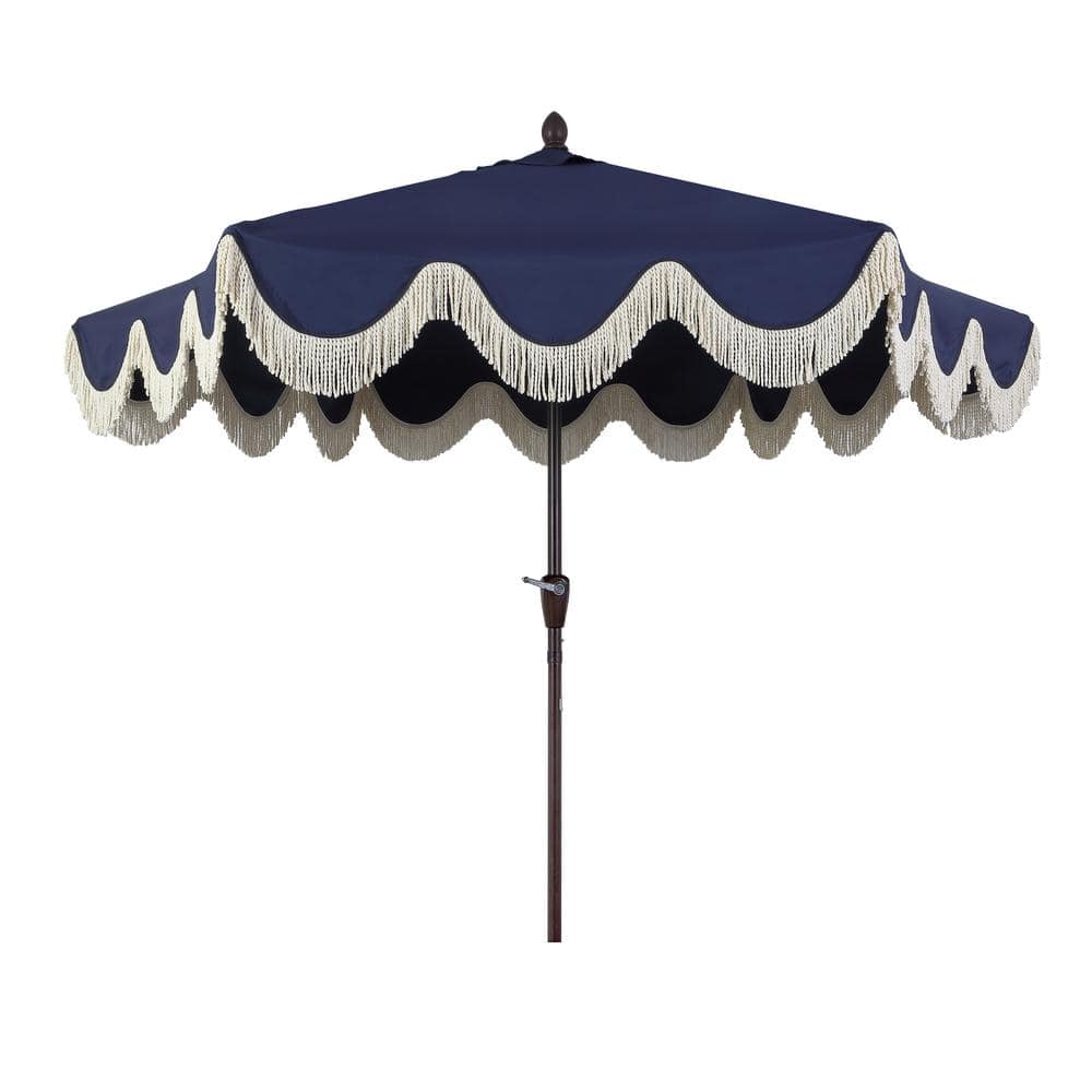 Navy and Cream 9 ft. Cottage Tassel Patio Umbrella