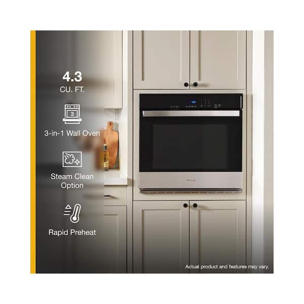 Whirlpool WOES3027LS 27 Inch Electric Single Wall Oven with 4.3 cu. ft.  Capacity, 2 Oven Racks, Delay Bake, Steam Clean, Delay Start, Keep Warm  Function, FIT System, Rapid PreHeat, Control Lock, Steam