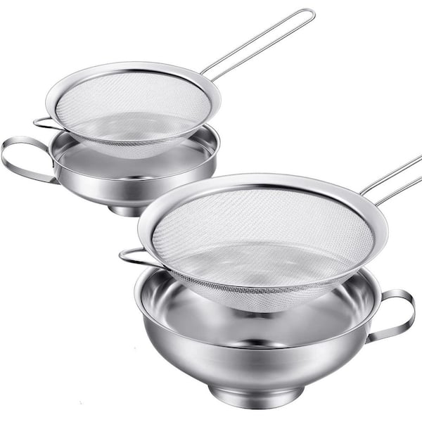 4-Piece Stainless Steel Funnels with Fine Mesh Strainer, Household Kitchen Canning Funnel with Stainless Steel Colander