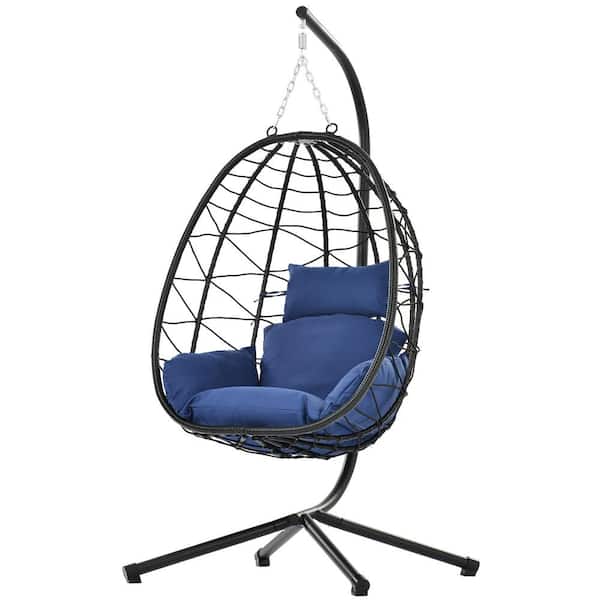 Mondawe 1-Person Black Wicker Outdoor Patio Porch Swing Hanging Egg Chair with Navy Blue Cushions and Steel Stand