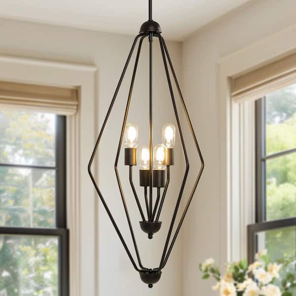 4-Light Black Modern Geometric Chandelier for Kitchen Island Contemporary Pendant Lighting for Dining Room Living Room