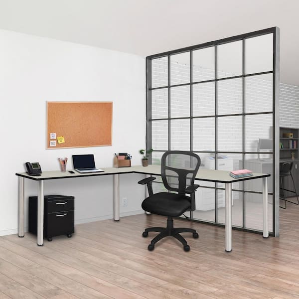 Kee 72 in x 66 in. Maple Brown Top Corner L Shaped Desk with Pedestal Drawer, Chrome Legs