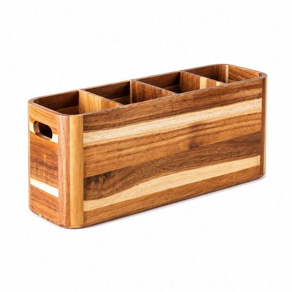 Brown Wood Multi-Compartment Countertop Utensil Holder with Removable Shelves for Kitchen Storage