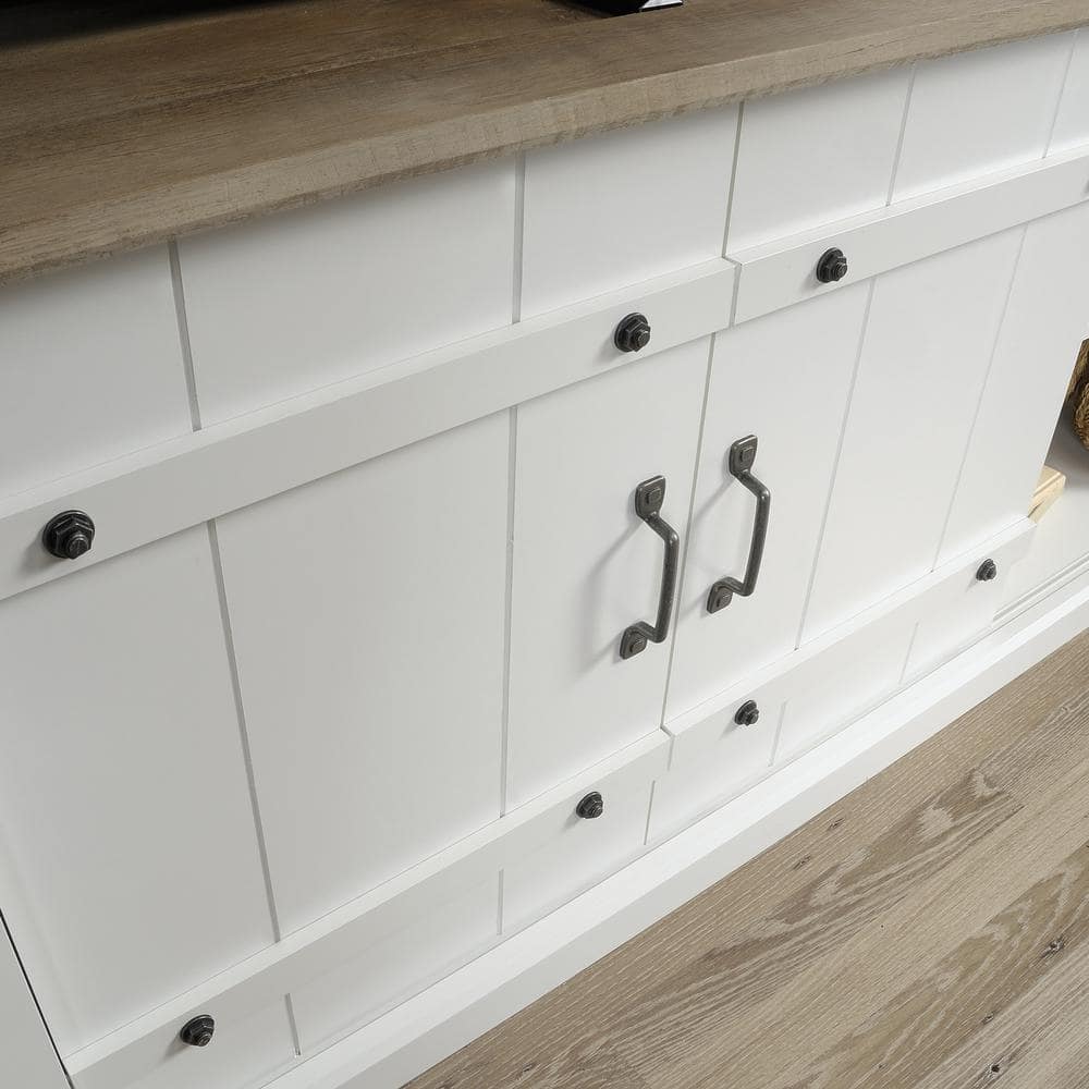 Soft White Farmhouse TV Stand with Oak Accent for 70" TVs