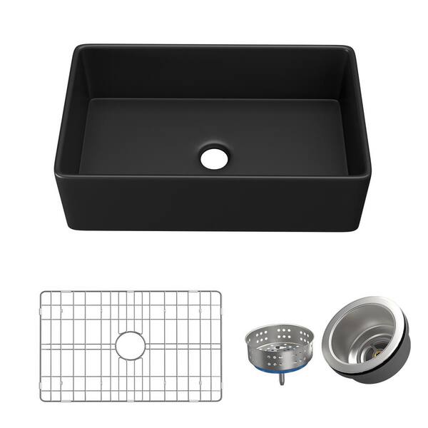 HOMLYLINK 33 in. Farmhouse Sink Single Bowl Crisp Black Fireclay ...