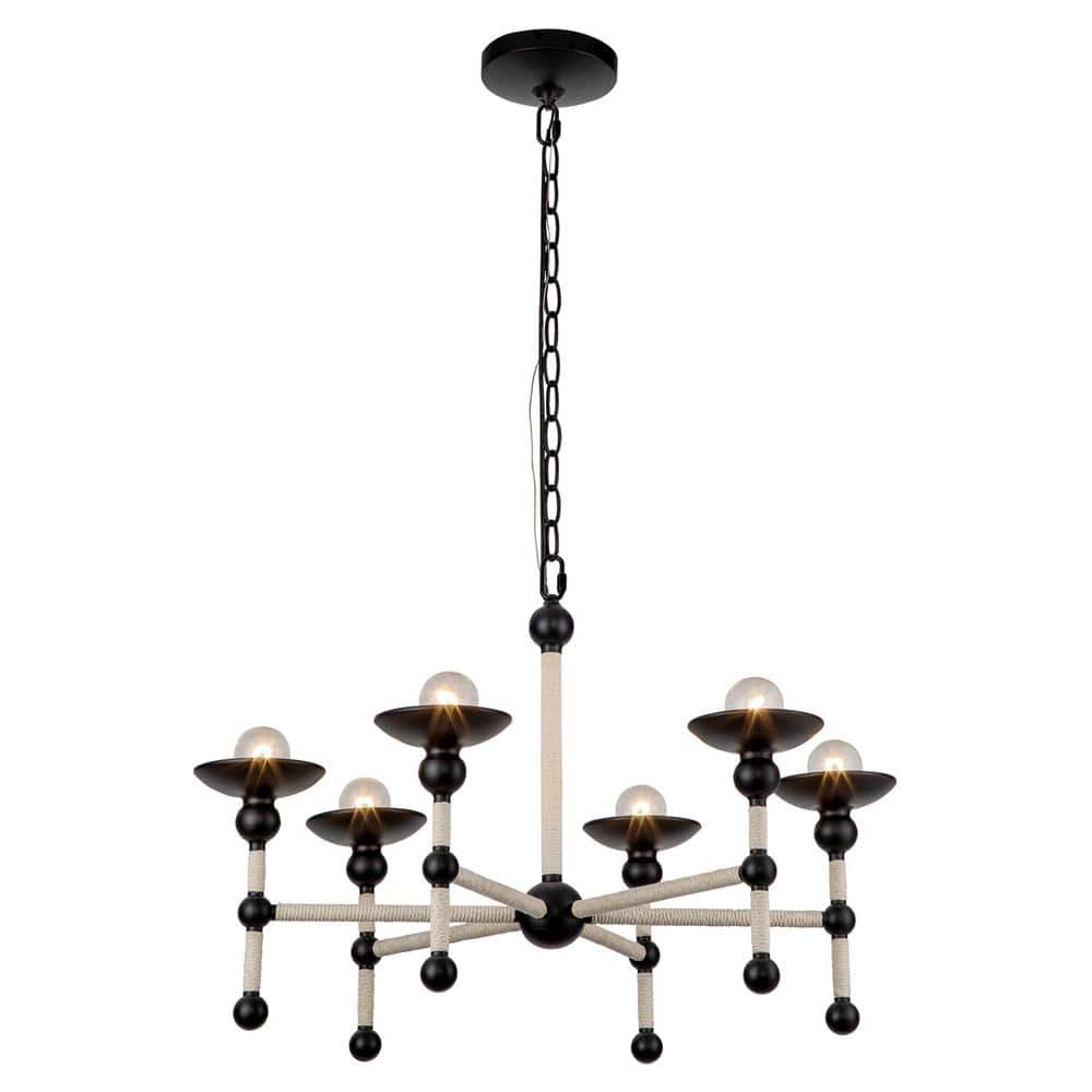 Matte Black and Natural Corn Fiber Rope 6-Light Chandelier
