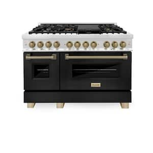 Autograph Edition 48 in. 7-Burner Double Oven Dual Fuel Range with Matte Black Door and Champagne Bronze Accents