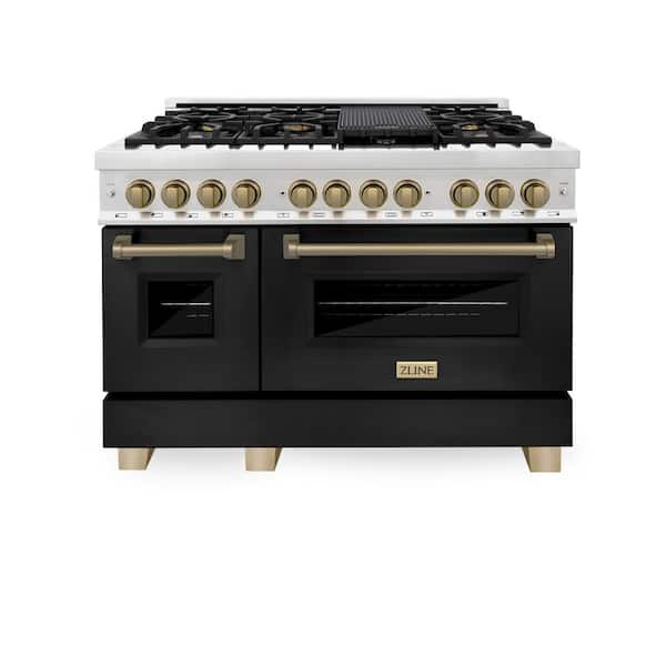 ZLINE Kitchen and Bath Autograph Edition 48 in. 7-Burner Double Oven Dual Fuel Range in Stainless Steel, Matte Black, Champagne Bronze Accents
