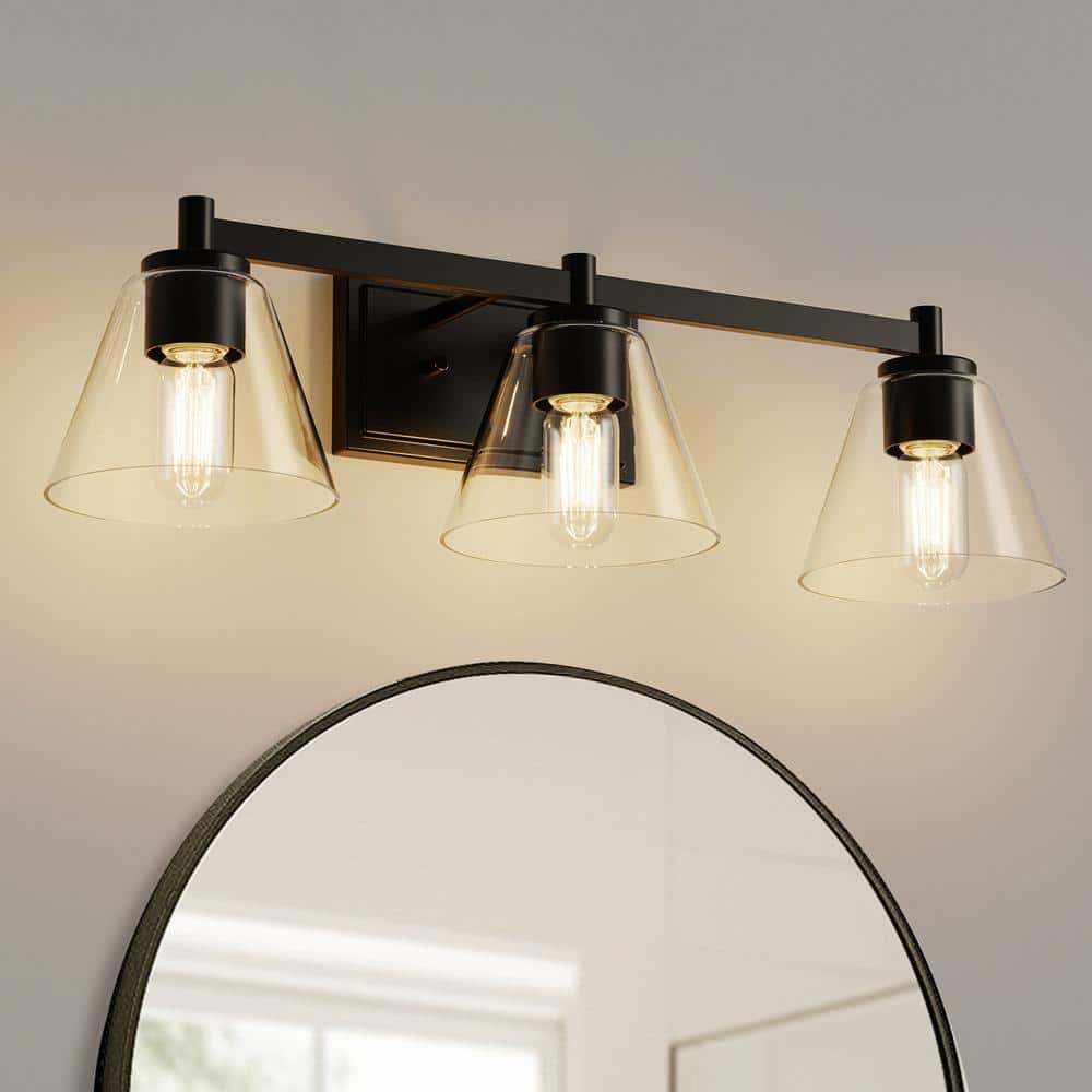25 in. 3-Light Black Vanity Light with Cone Clear Glass Shades for Bathroom, Mirror, Living Room price history on PriceWatchPro